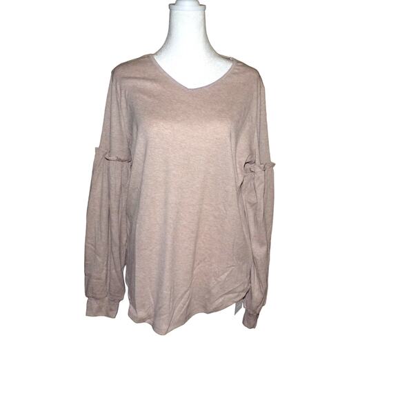 EEIIUU Knit Top Long Sleeve V Neck Ruffle Detail Heathered Tan Size L, NWT - Picture 1 of 3